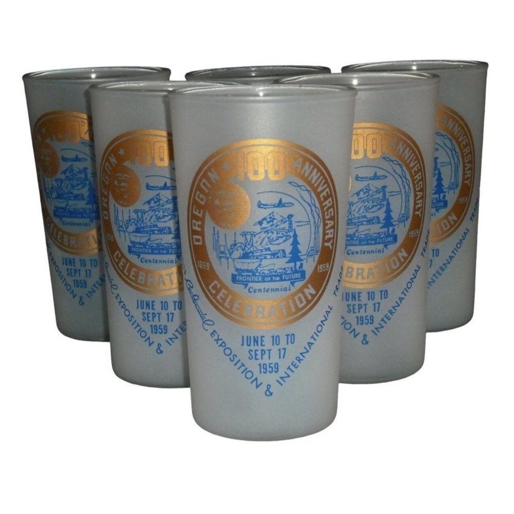 Oregon 100th Anniversary 1959 White Frosted Glasses Gold Blue Six EUC